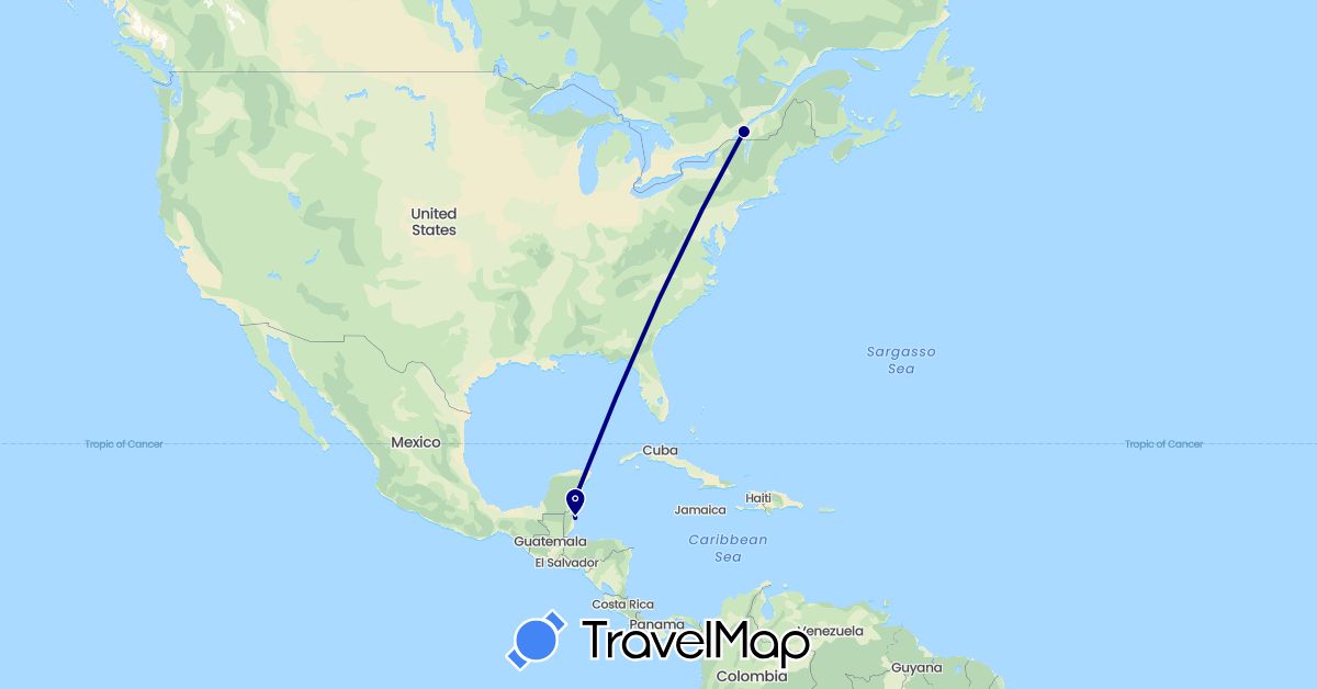 TravelMap itinerary: driving in Belize, Canada, Mexico (North America)